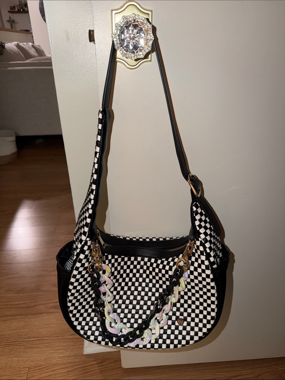 Black & White Checker Shoulder Bag with Iridescent Chain